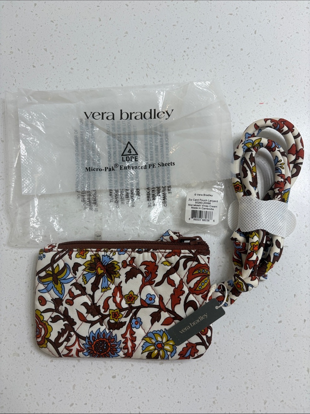 Vera Bradley Zip Card Pouch Lanyard Marrakesh Vines Cream NWT